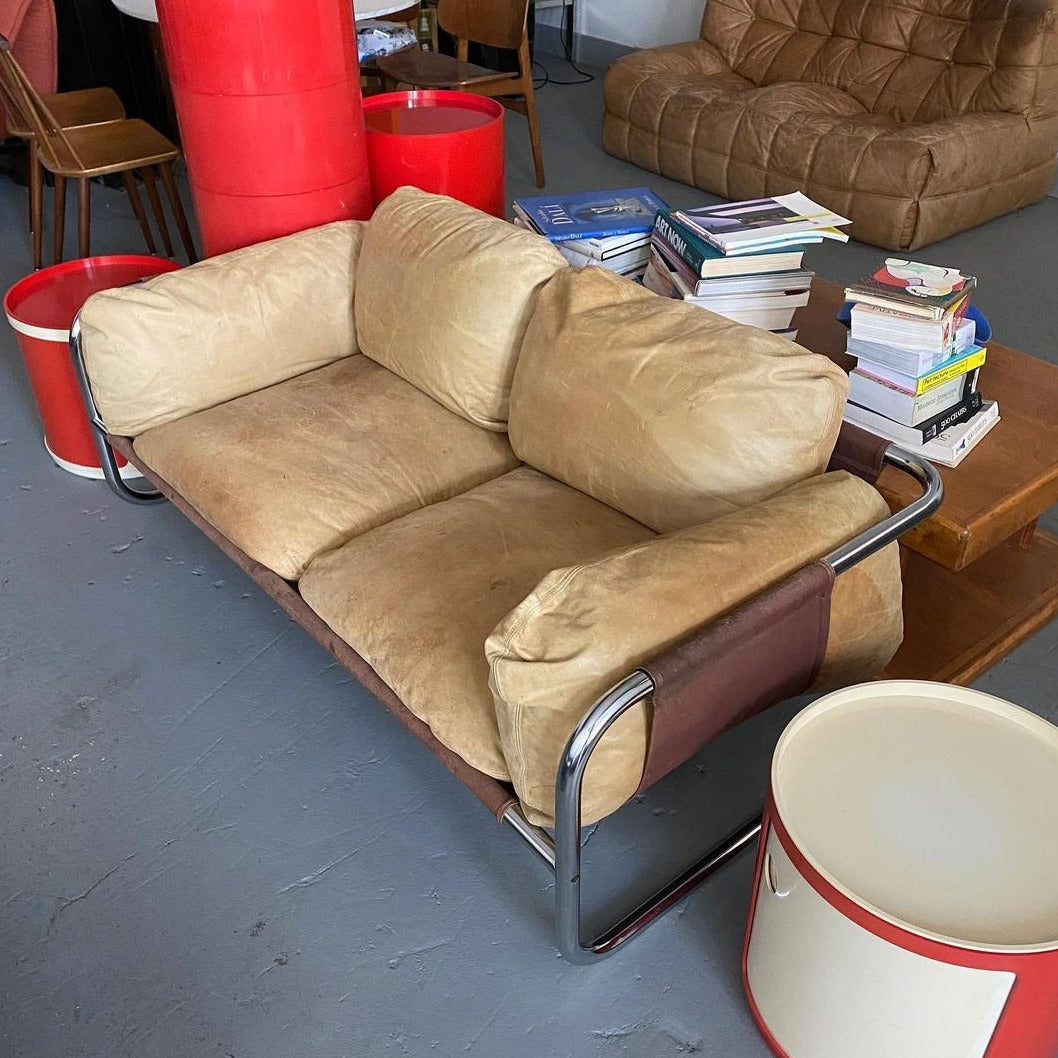 1970s Leolux Chrome & Leather Loveseat