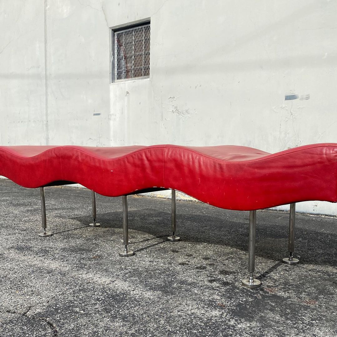 Brueton Industries Undulatus Wave Leather Chaise / Bench by Stanley Jay Friedman, 1980s