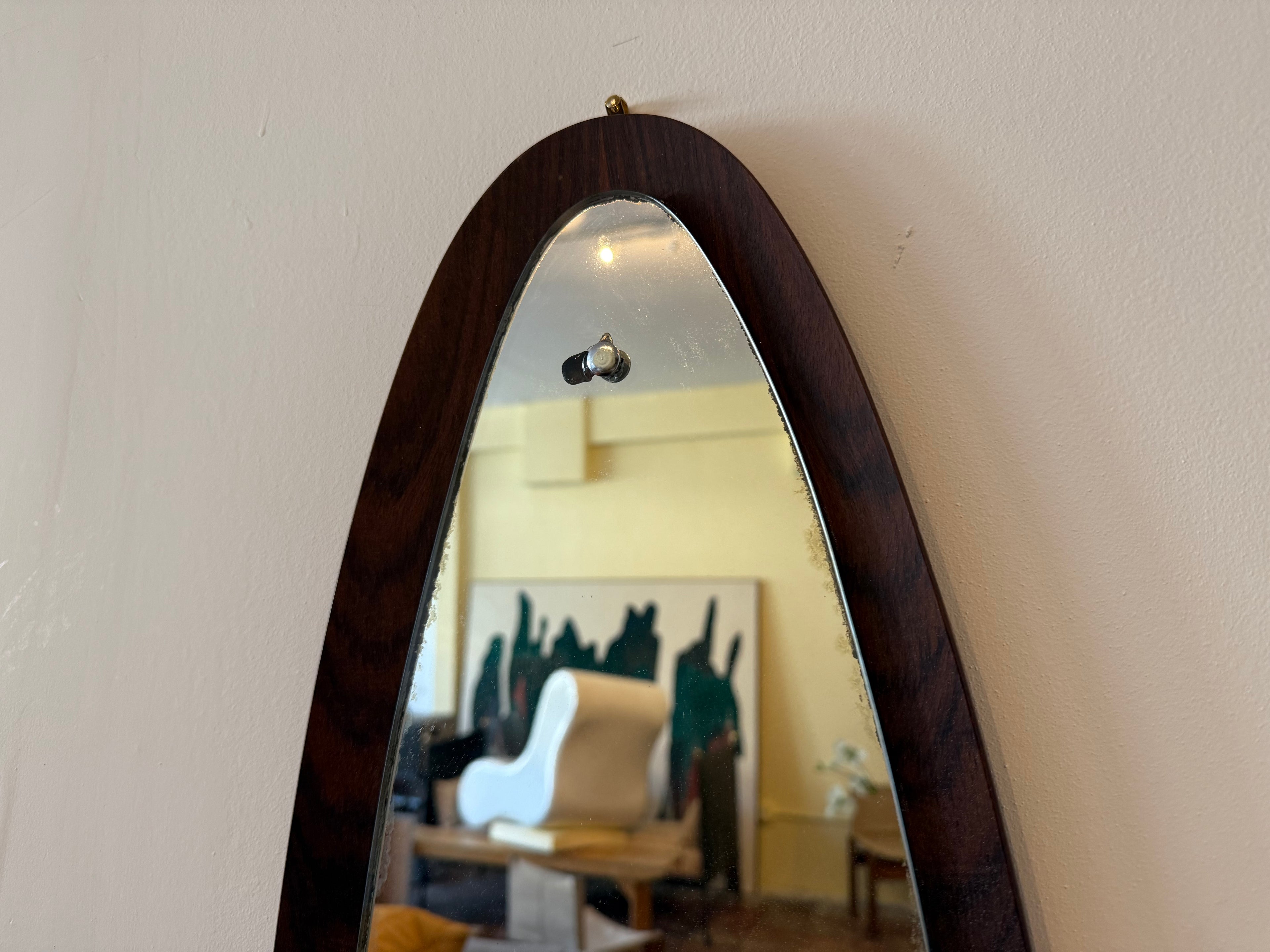 1950s Italian Oval Teak Wood Wall Mirror