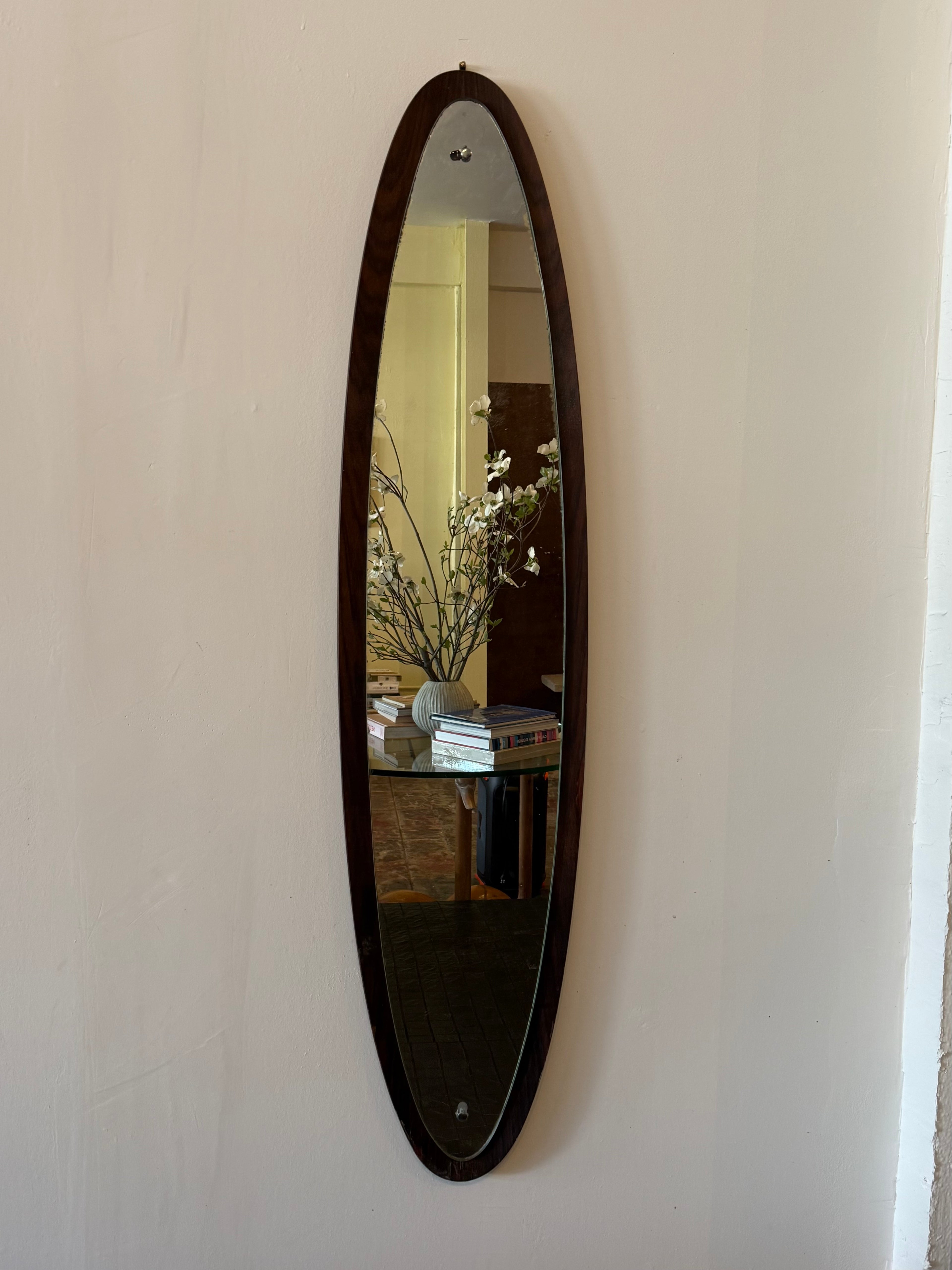 1950s Italian Oval Teak Wood Wall Mirror