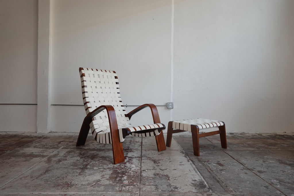 1930s Bentwood & Canvas Modernist Lounge Chair & Ottoman