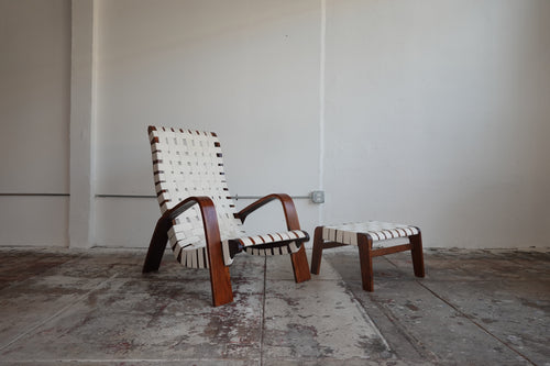 1930s Bentwood & Canvas Modernist Lounge Chair & Ottoman