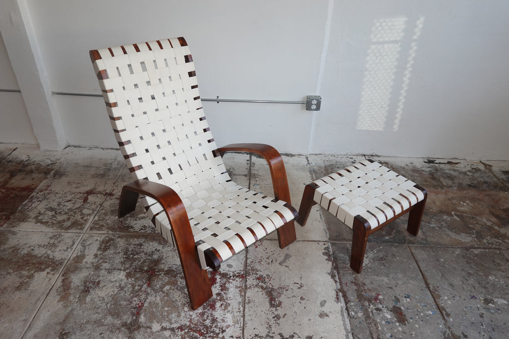 1930s Bentwood & Canvas Modernist Lounge Chair & Ottoman