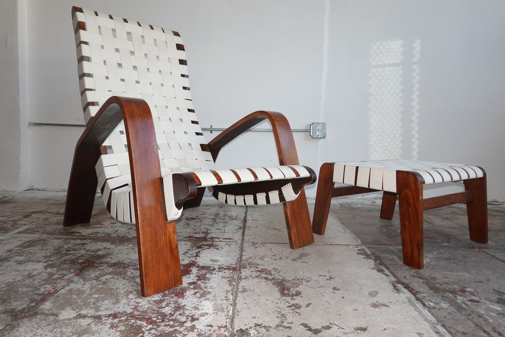 1930s Bentwood & Canvas Modernist Lounge Chair & Ottoman