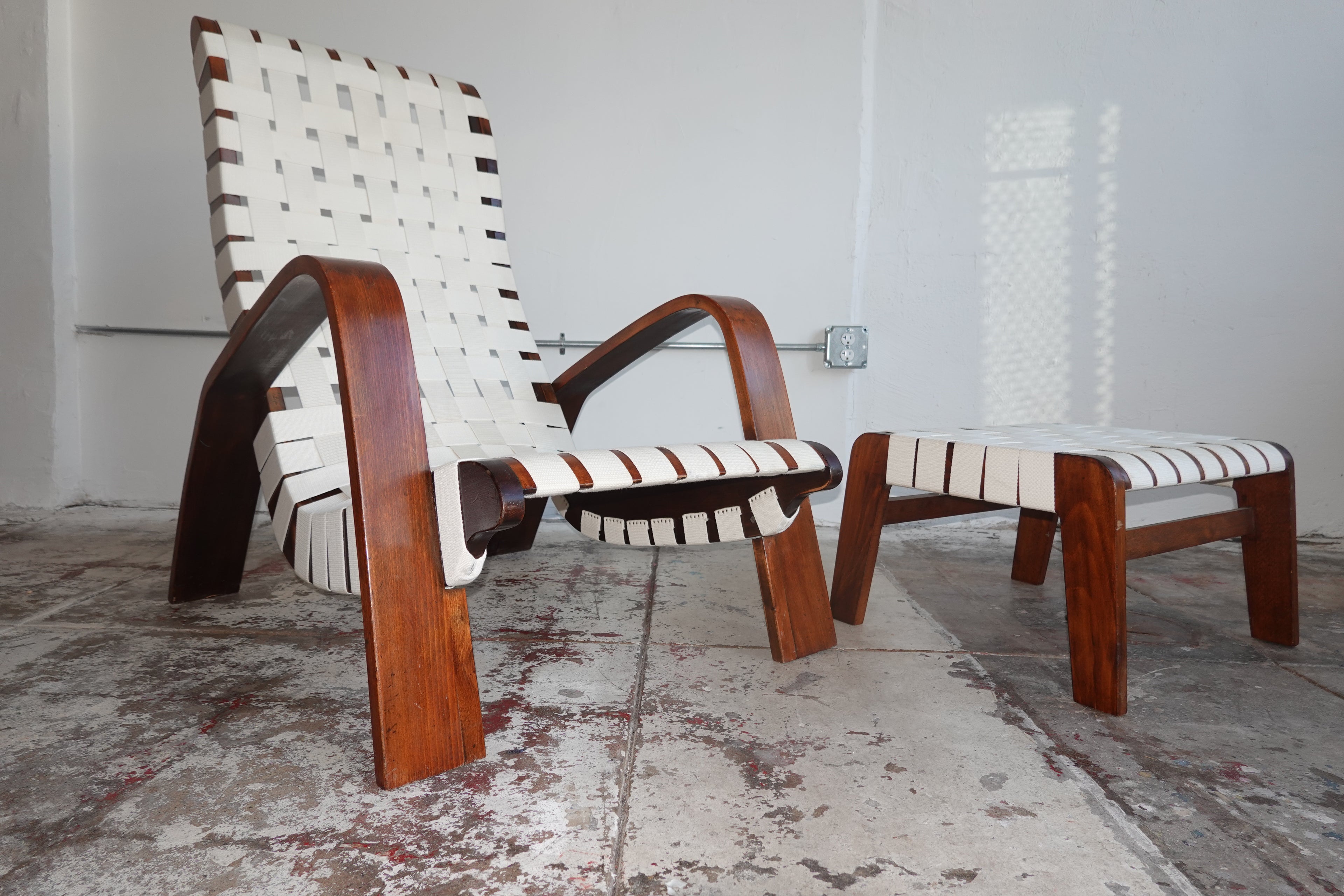 1930s Bentwood & Canvas Modernist Lounge Chair & Ottoman