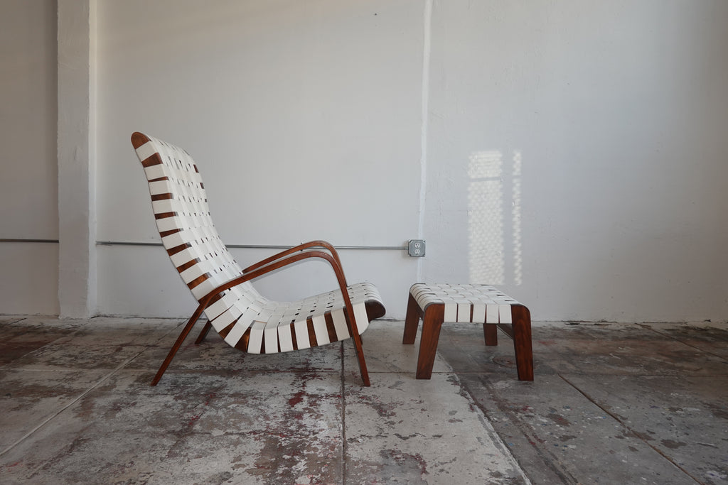 1930s Bentwood & Canvas Modernist Lounge Chair & Ottoman