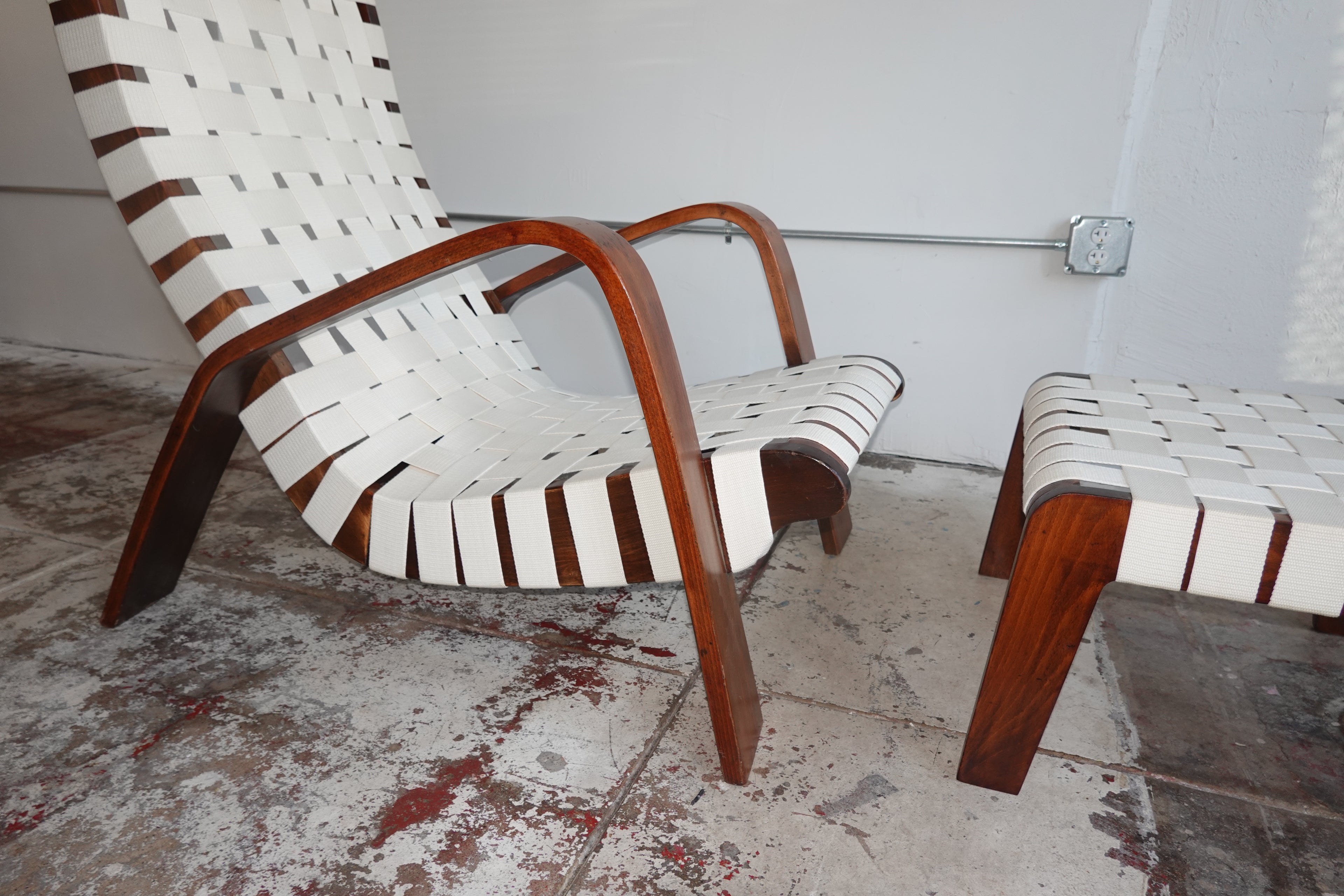 1930s Bentwood & Canvas Modernist Lounge Chair & Ottoman