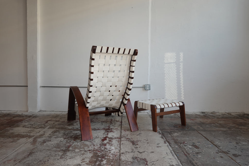 1930s Bentwood & Canvas Modernist Lounge Chair & Ottoman