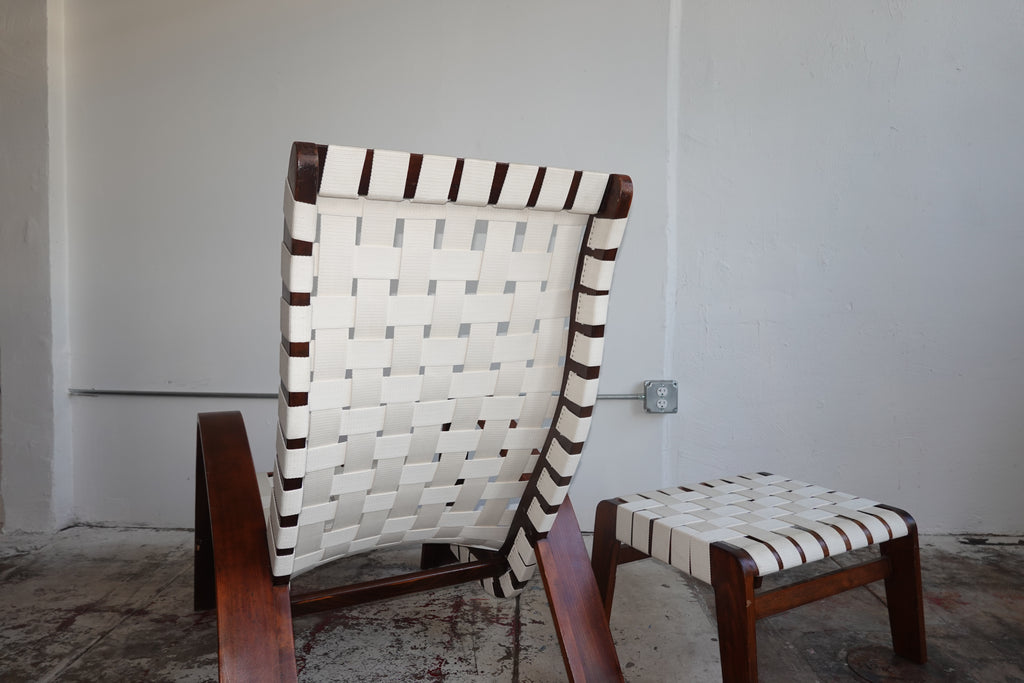1930s Bentwood & Canvas Modernist Lounge Chair & Ottoman