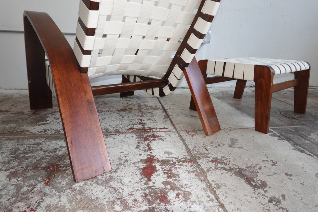 1930s Bentwood & Canvas Modernist Lounge Chair & Ottoman