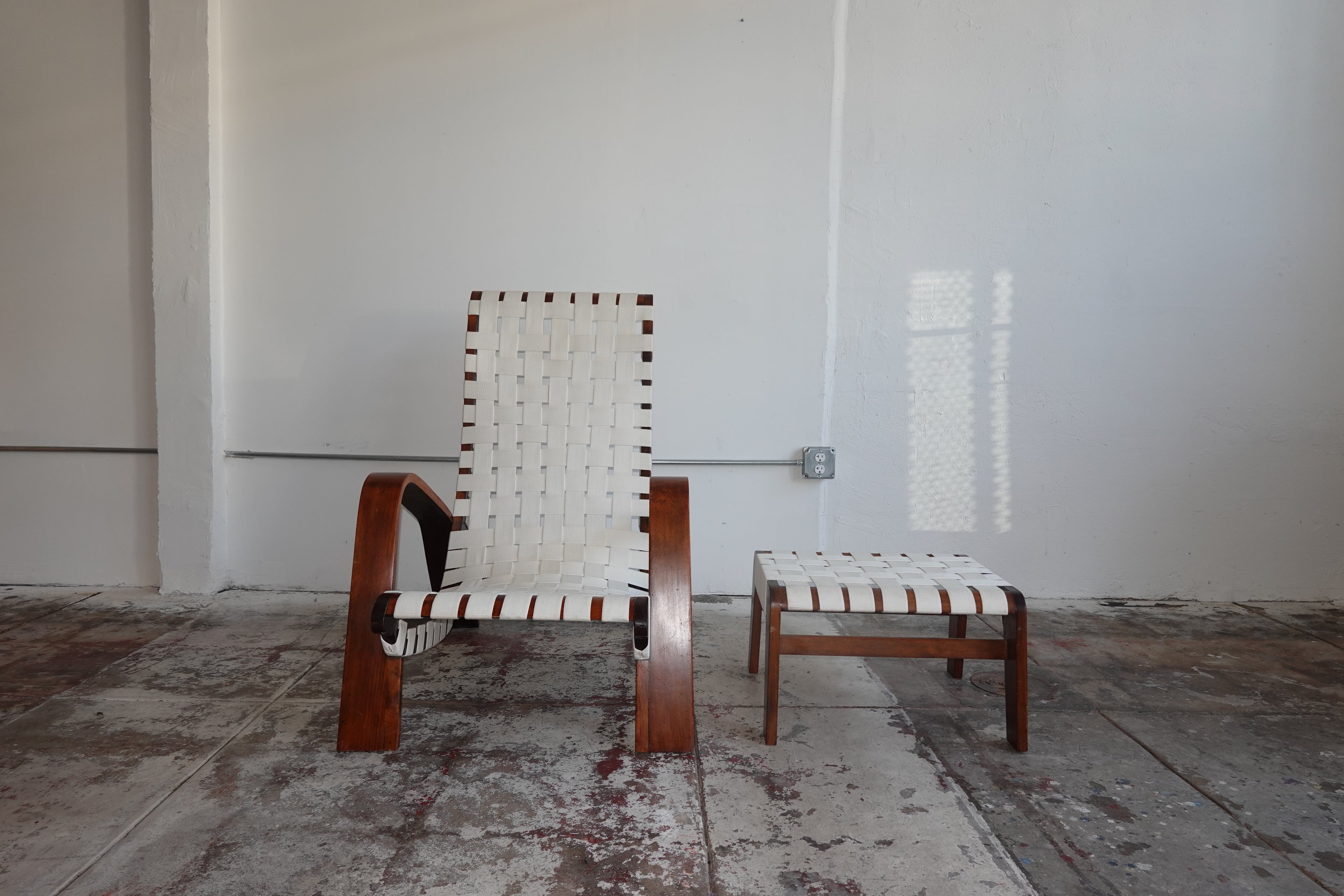 1930s Bentwood & Canvas Modernist Lounge Chair & Ottoman