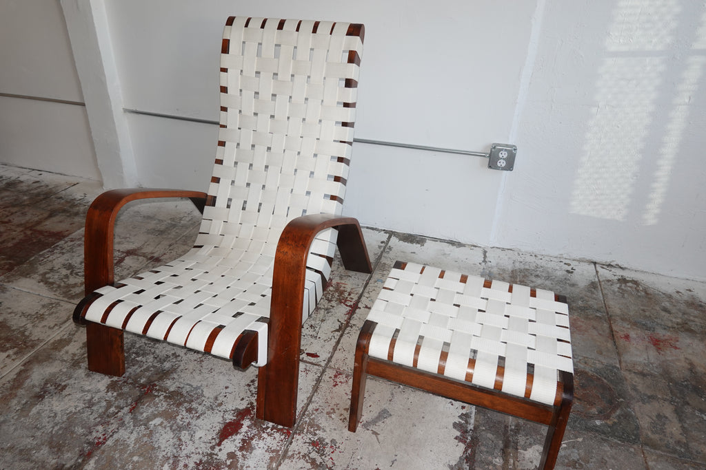 1930s Bentwood & Canvas Modernist Lounge Chair & Ottoman