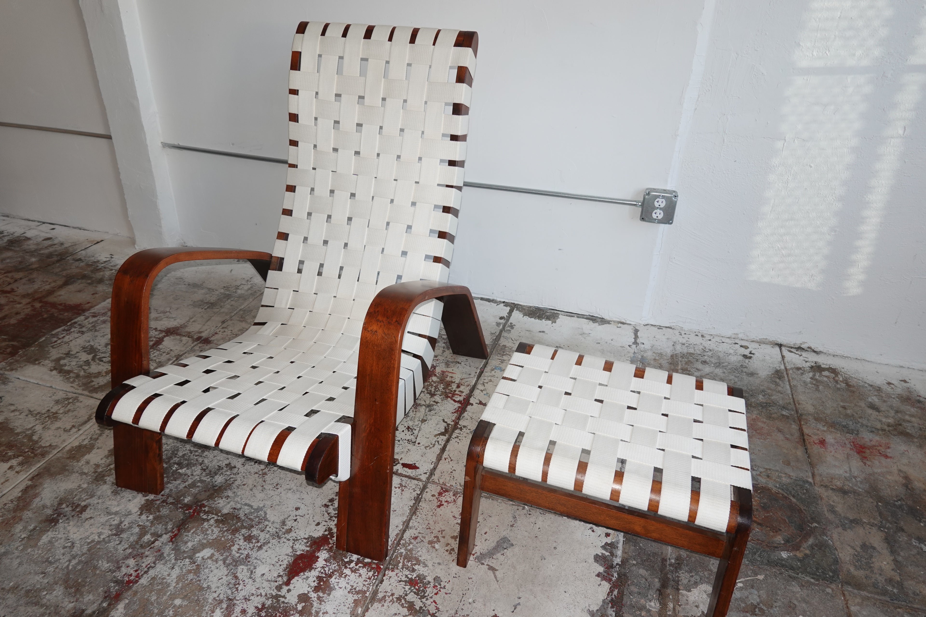 1930s Bentwood & Canvas Modernist Lounge Chair & Ottoman