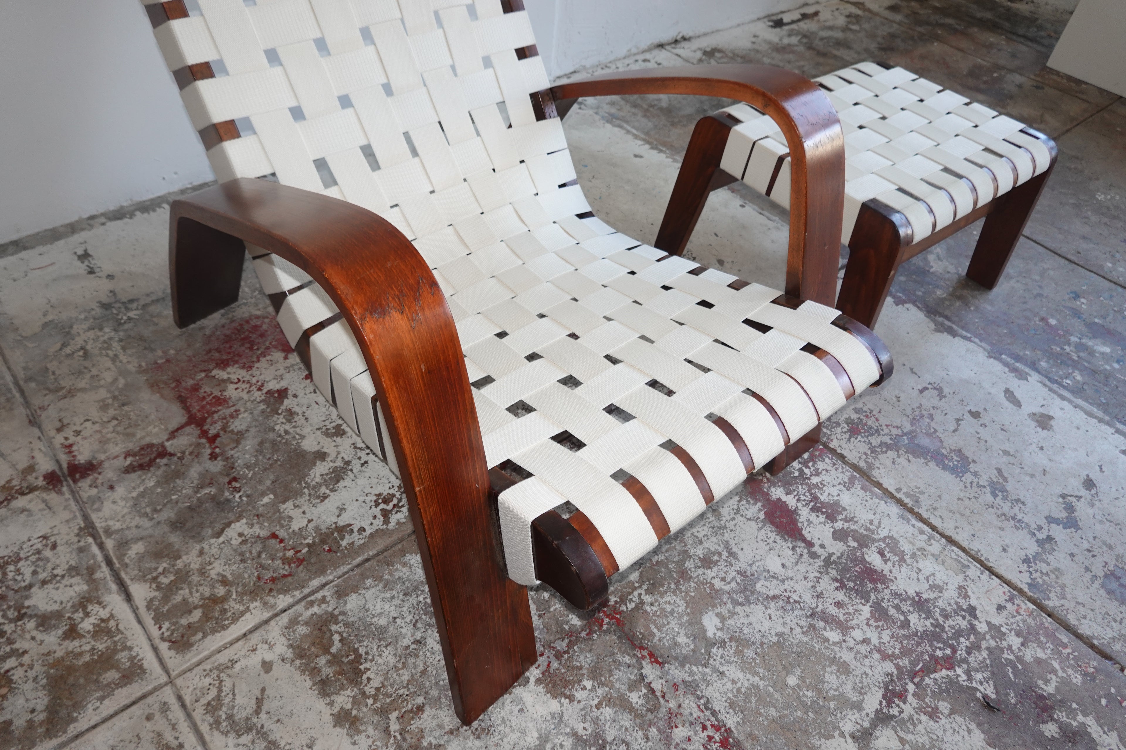 1930s Bentwood & Canvas Modernist Lounge Chair & Ottoman