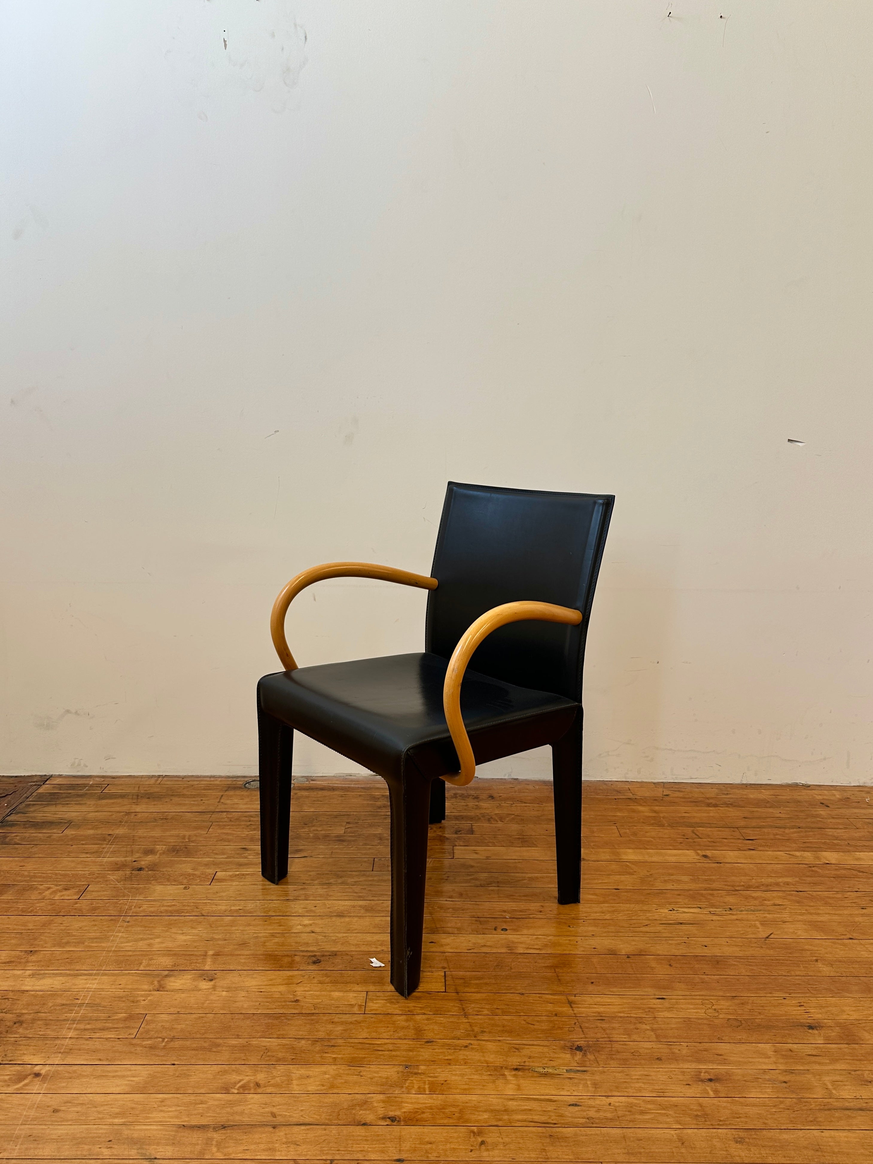 Black Saddle Leather and Curved Wood Armchairs by Arper (Made In Italy)