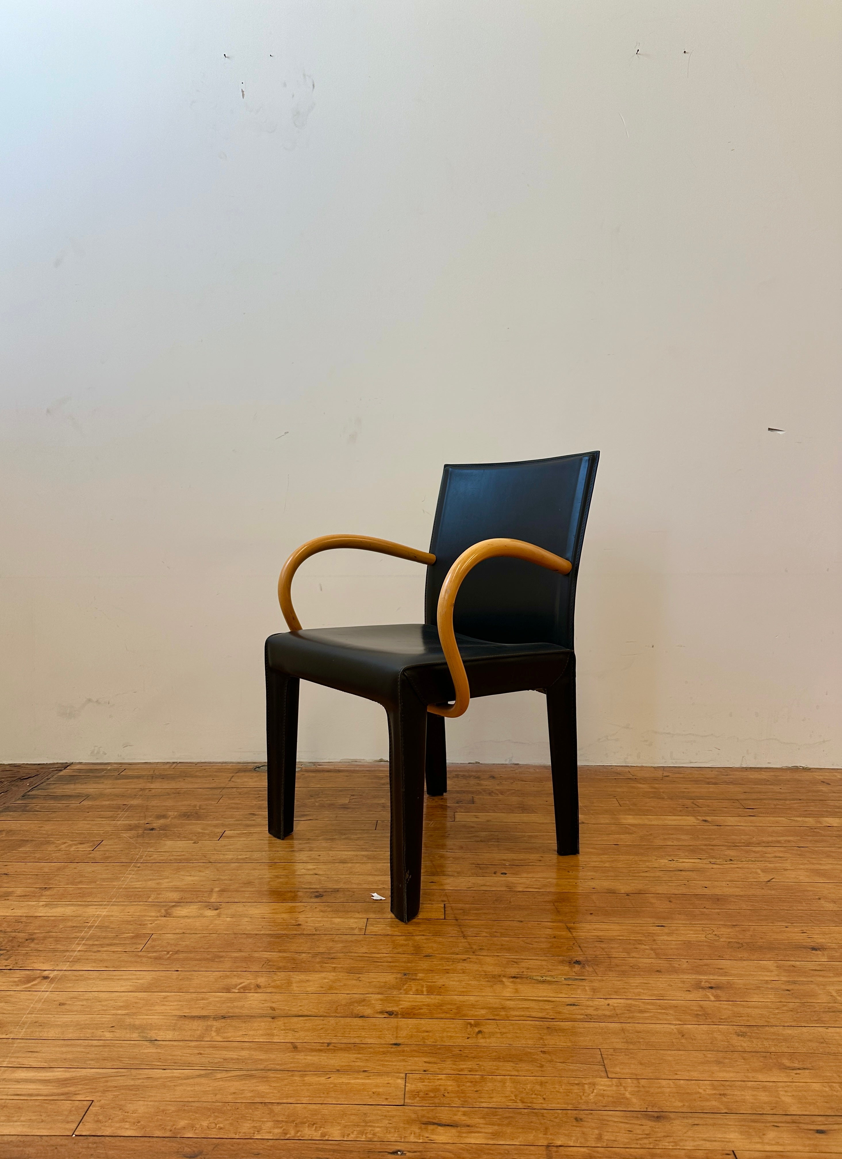 Black Saddle Leather and Curved Wood Armchairs by Arper (Made In Italy)