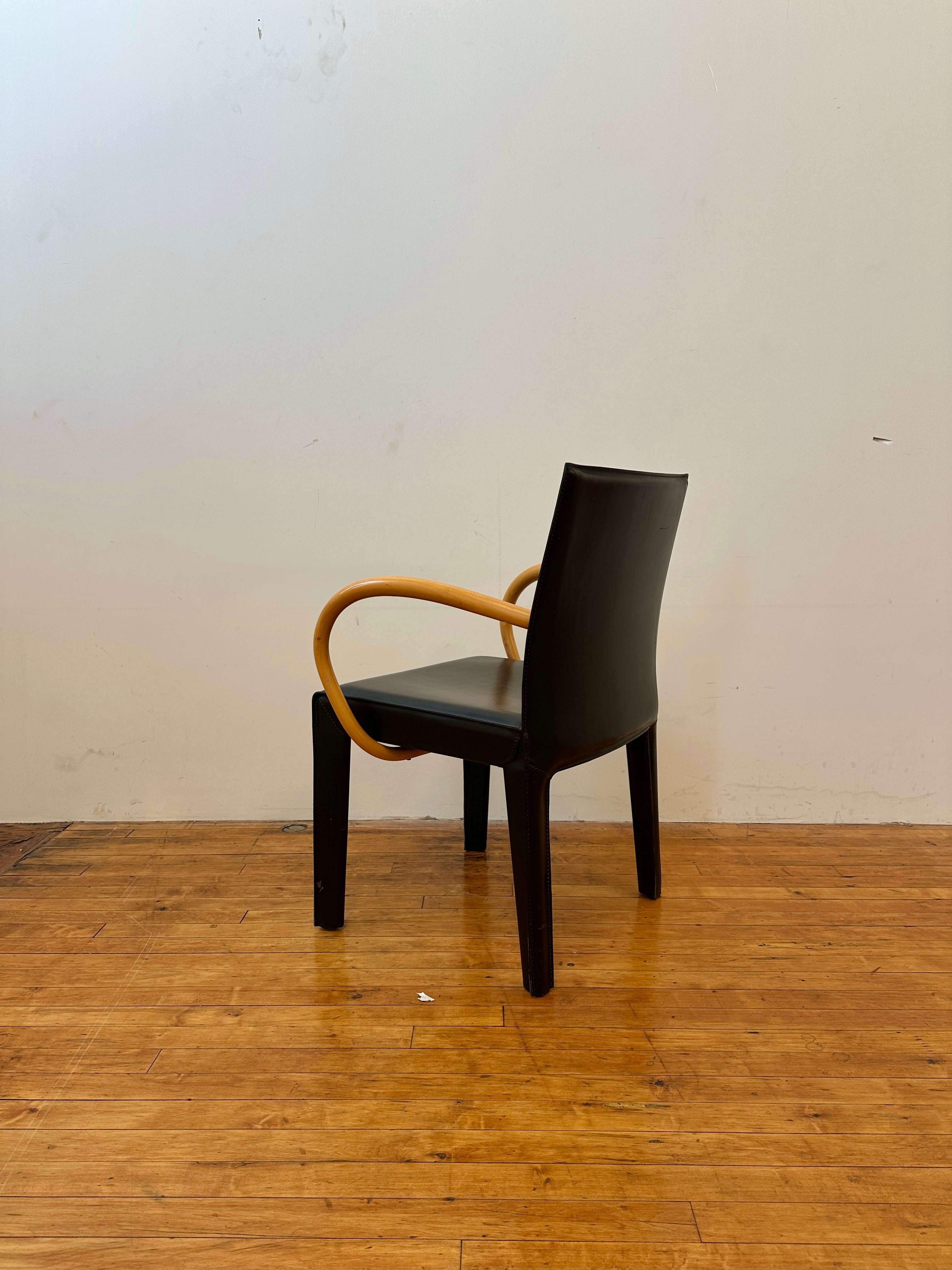 Black Saddle Leather and Curved Wood Armchairs by Arper (Made In Italy)