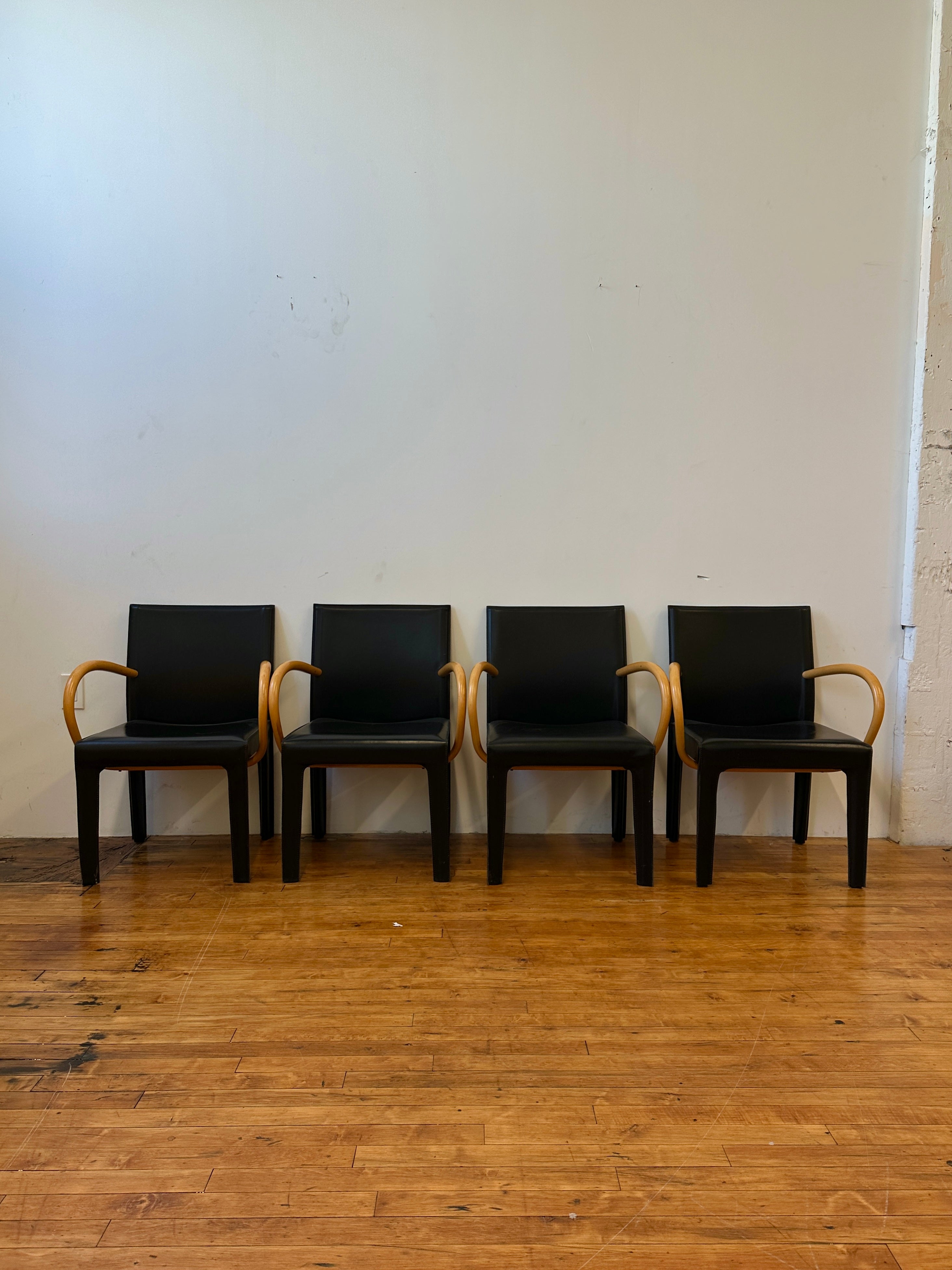 Black Saddle Leather and Curved Wood Armchairs by Arper (Made In Italy)