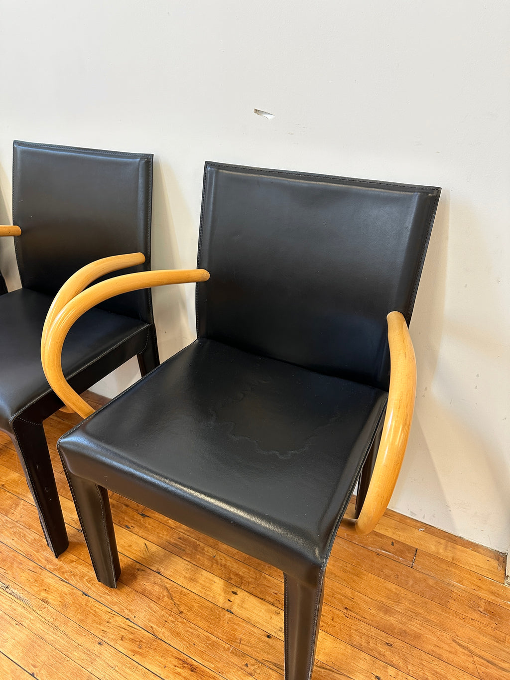 Black Saddle Leather and Curved Wood Armchairs by Arper (Made In Italy)