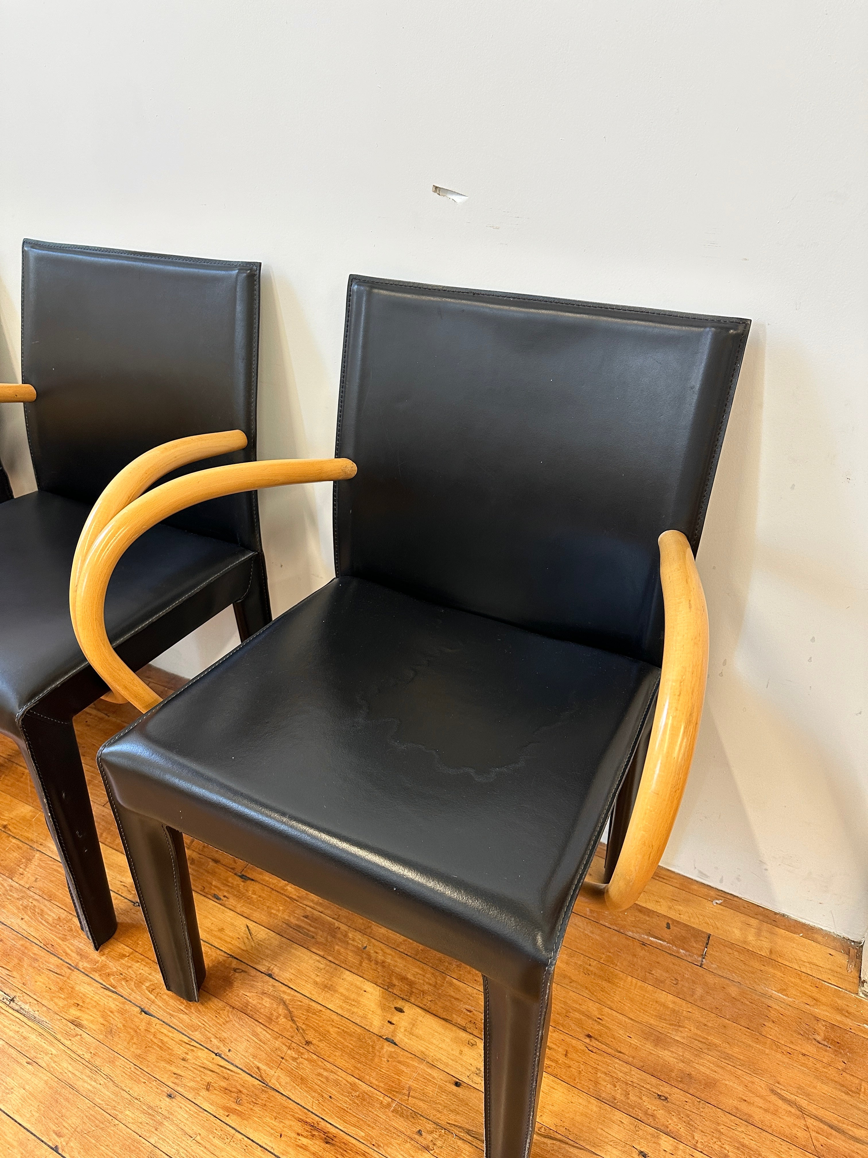 Black Saddle Leather and Curved Wood Armchairs by Arper (Made In Italy)