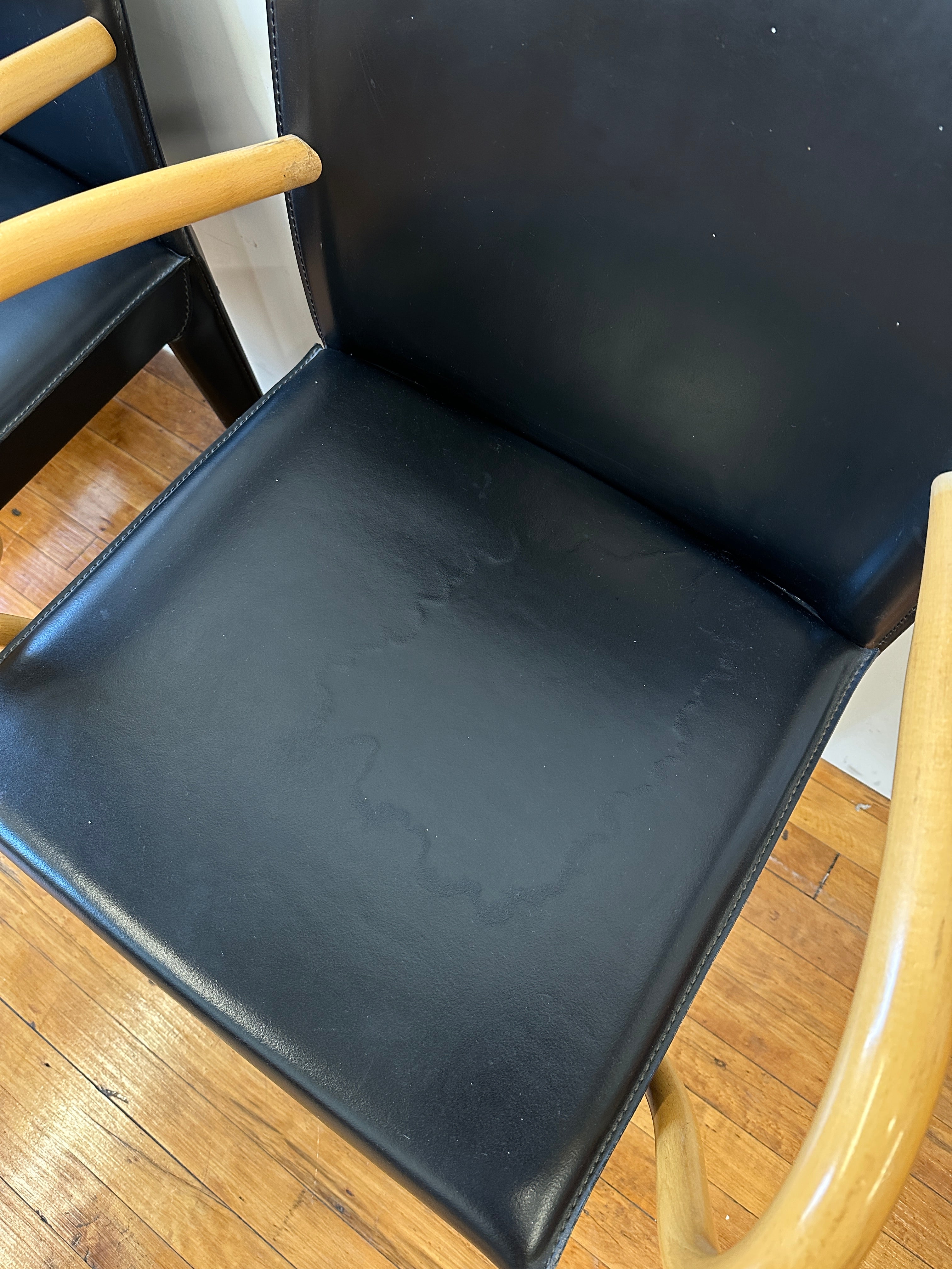 Black Saddle Leather and Curved Wood Armchairs by Arper (Made In Italy)