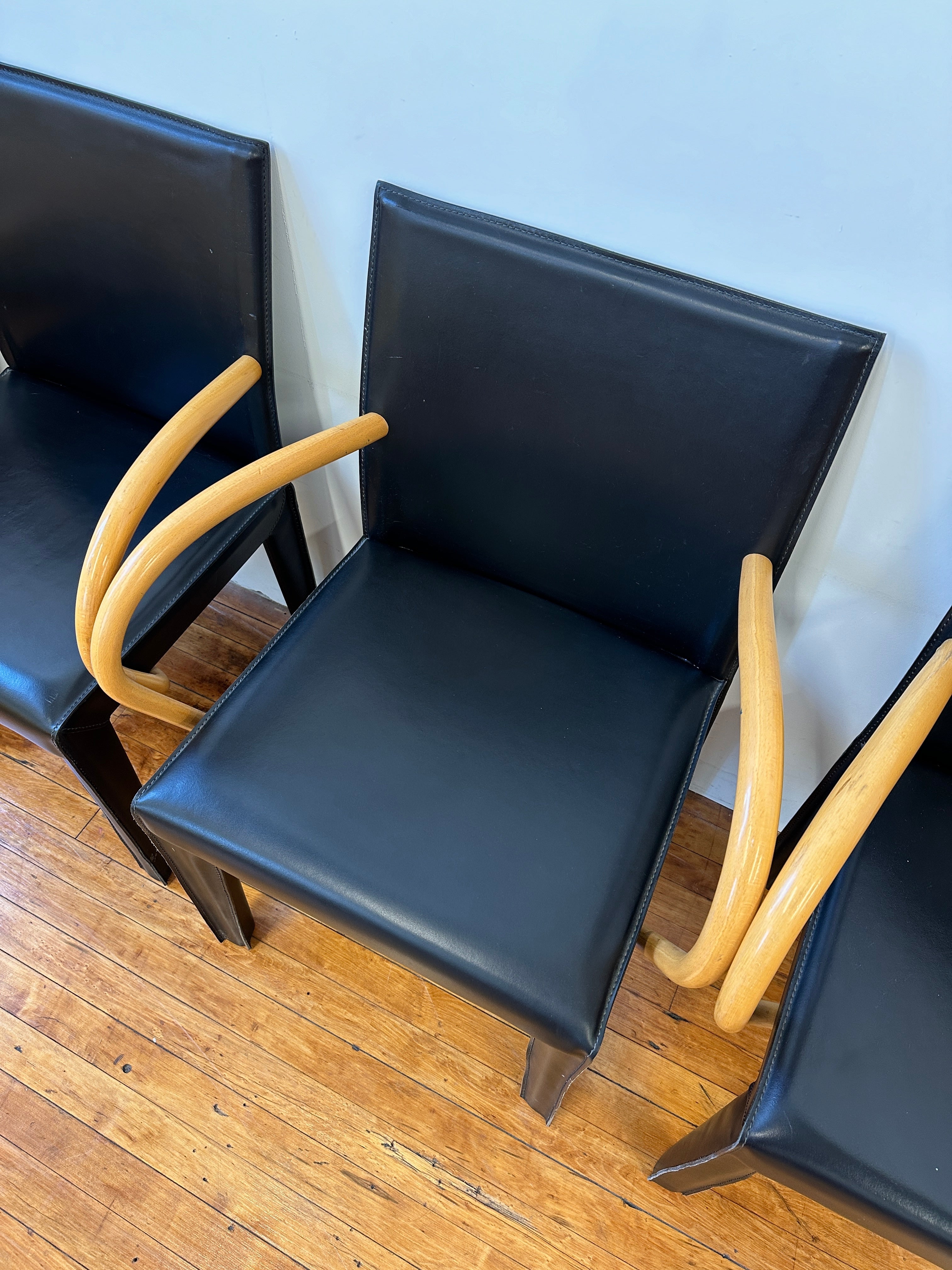 Black Saddle Leather and Curved Wood Armchairs by Arper (Made In Italy)