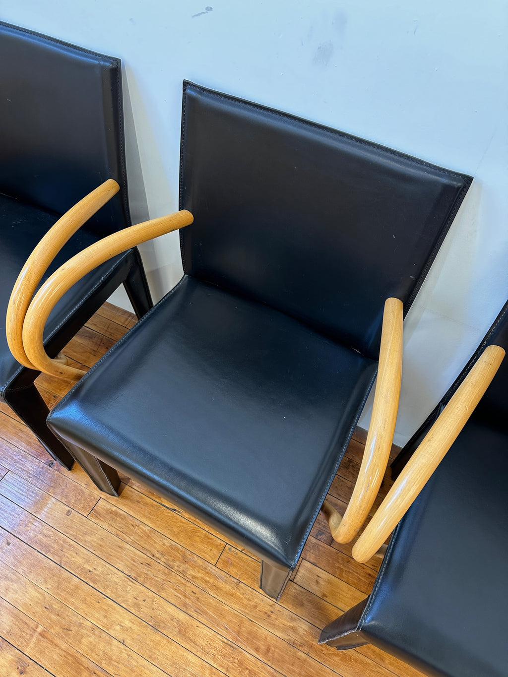 Black Saddle Leather and Curved Wood Armchairs by Arper (Made In Italy)