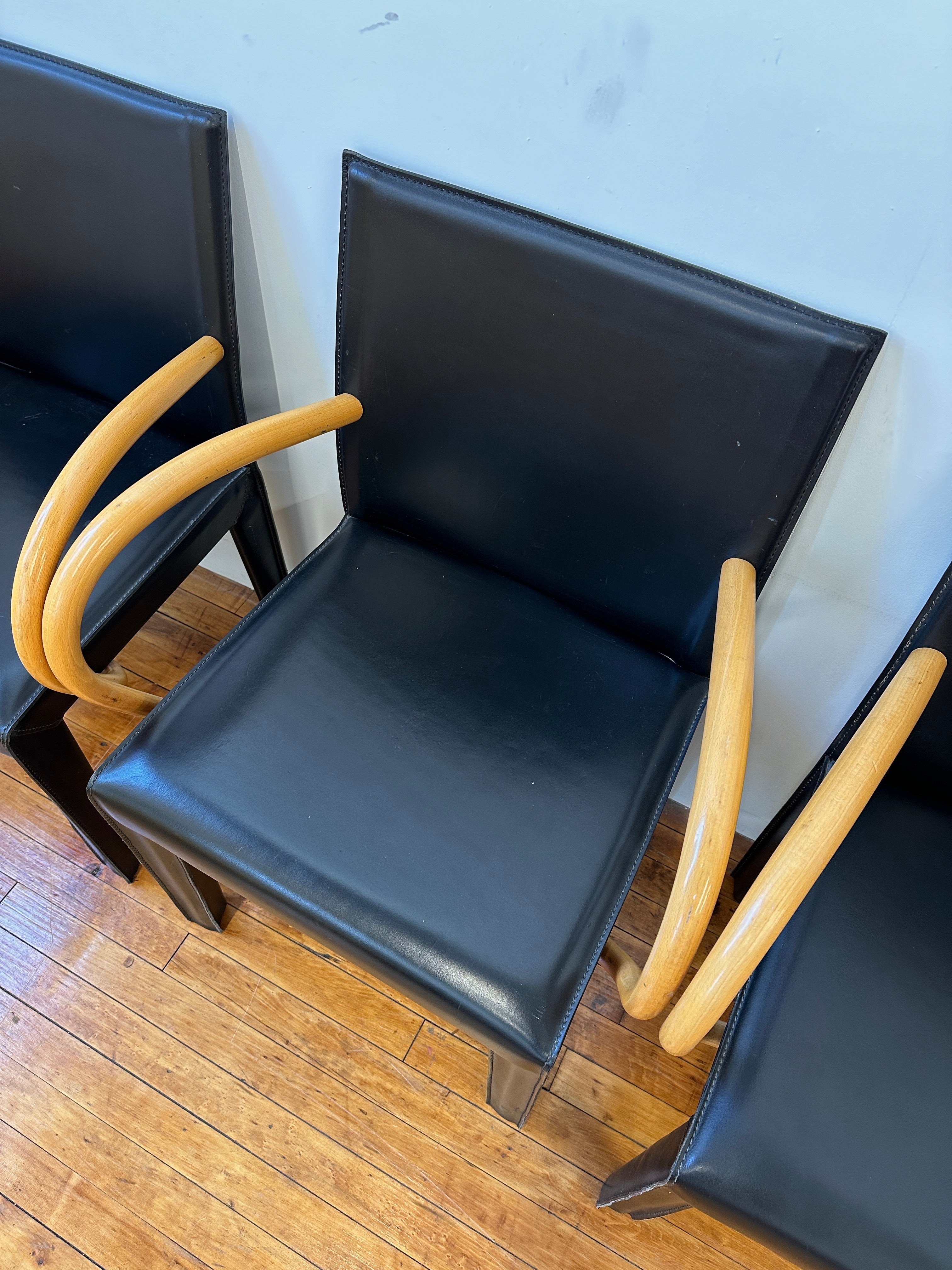 Black Saddle Leather and Curved Wood Armchairs by Arper (Made In Italy)