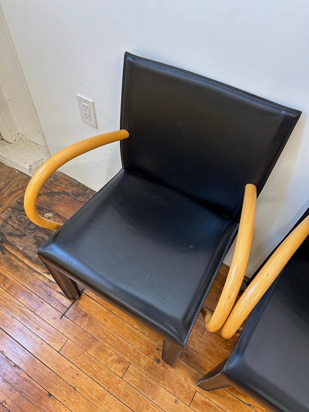 Black Saddle Leather and Curved Wood Armchairs by Arper (Made In Italy)