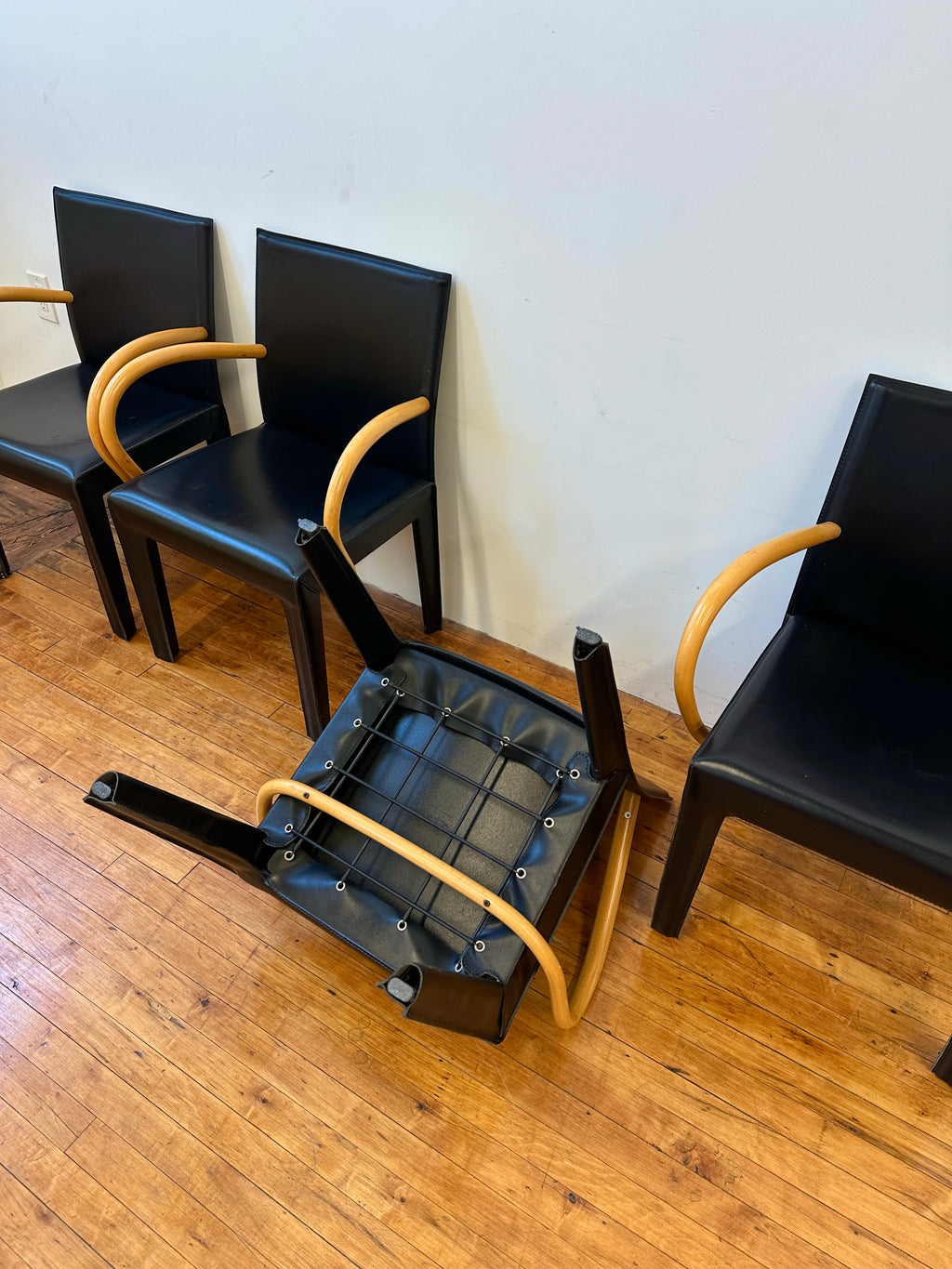 Black Saddle Leather and Curved Wood Armchairs by Arper (Made In Italy)