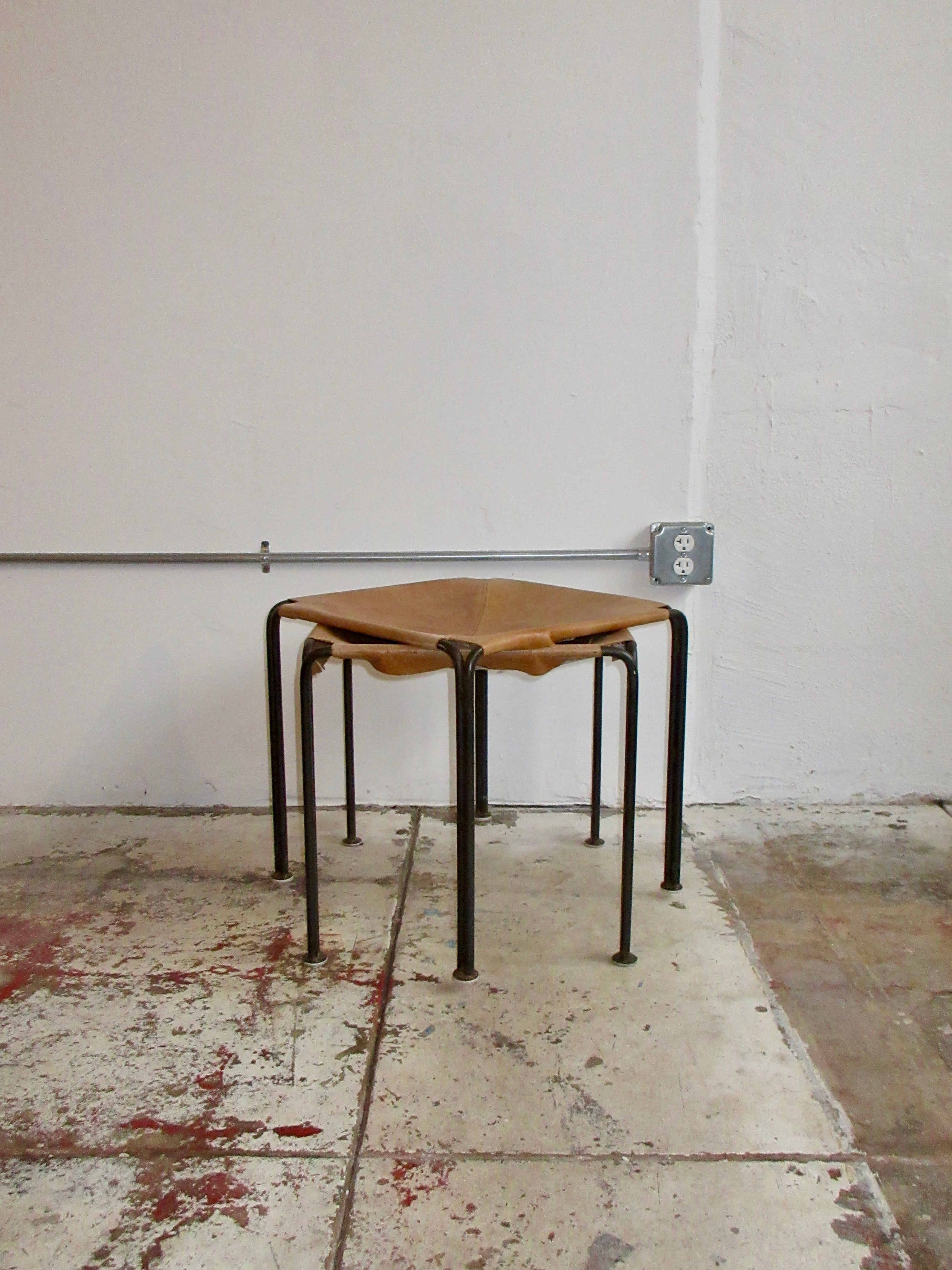 Vintage Leather and Iron Sling Stools