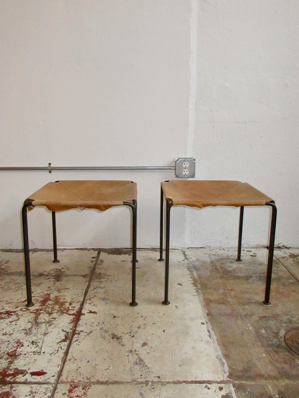 Vintage Leather and Iron Sling Stools