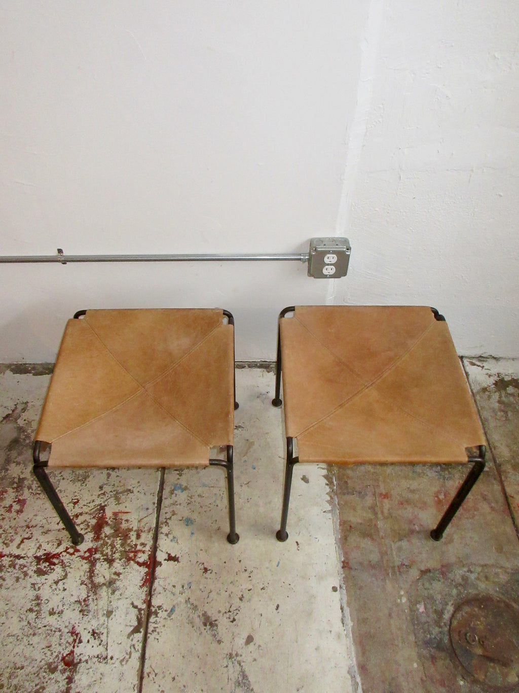 Vintage Leather and Iron Sling Stools