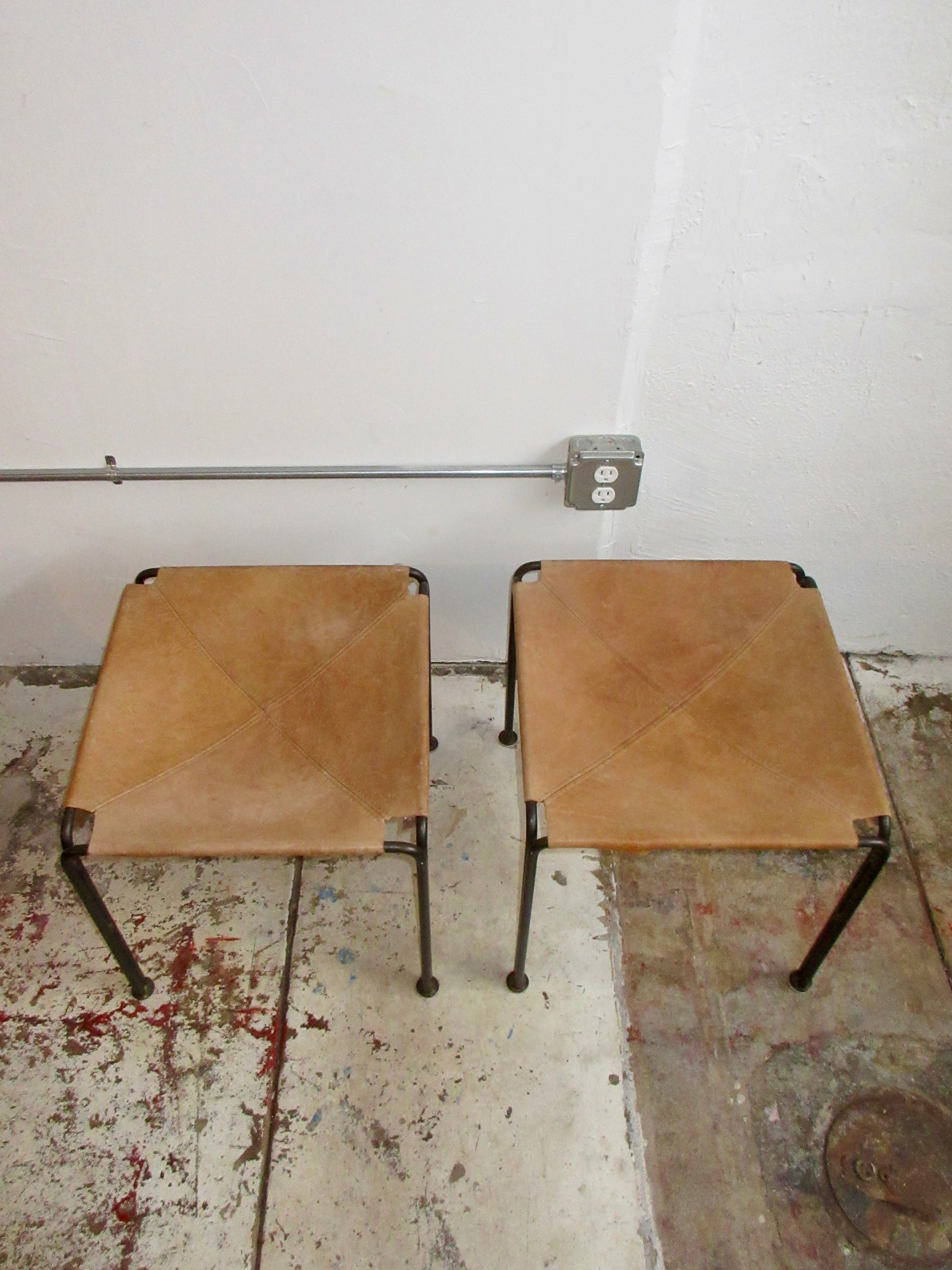 Vintage Leather and Iron Sling Stools