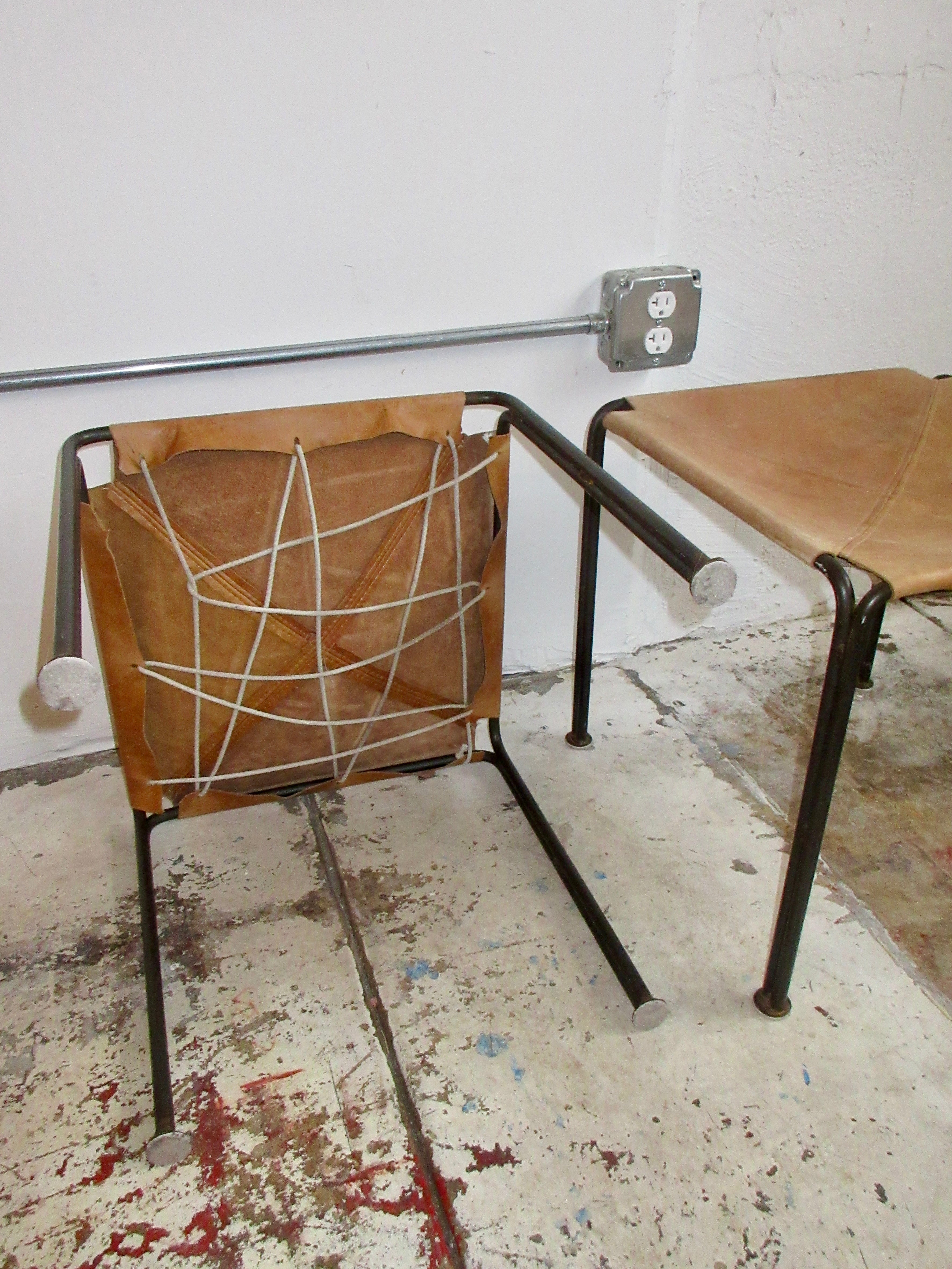 Vintage Leather and Iron Sling Stools