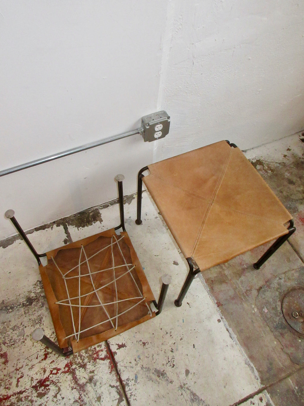 Vintage Leather and Iron Sling Stools