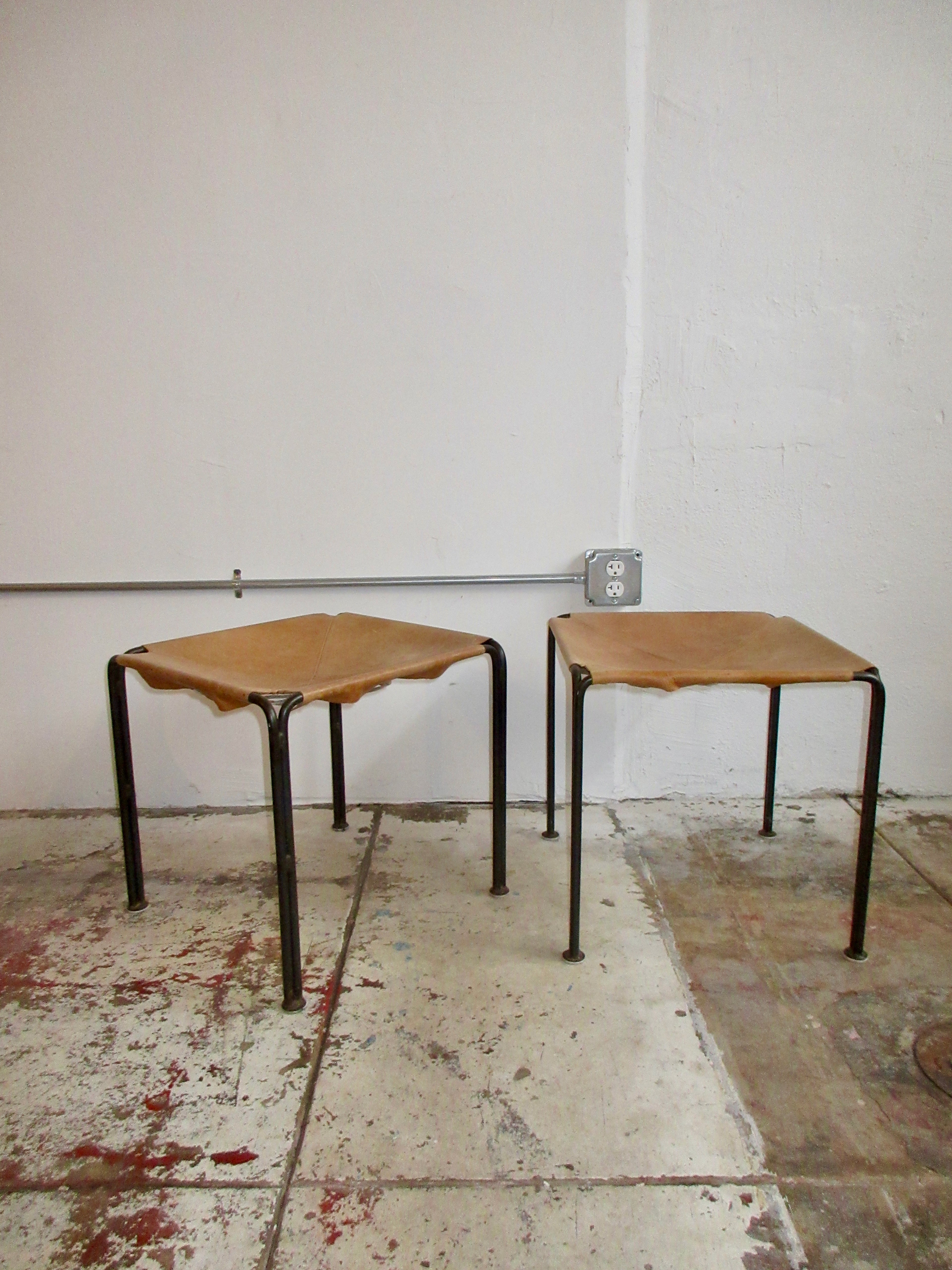 Vintage Leather and Iron Sling Stools