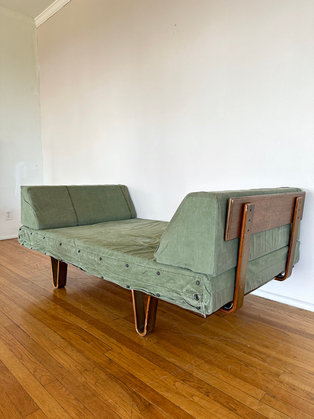 90s Modernica Case Study Bentwood Daybed with Vintage Military Canvas Tent Fabric