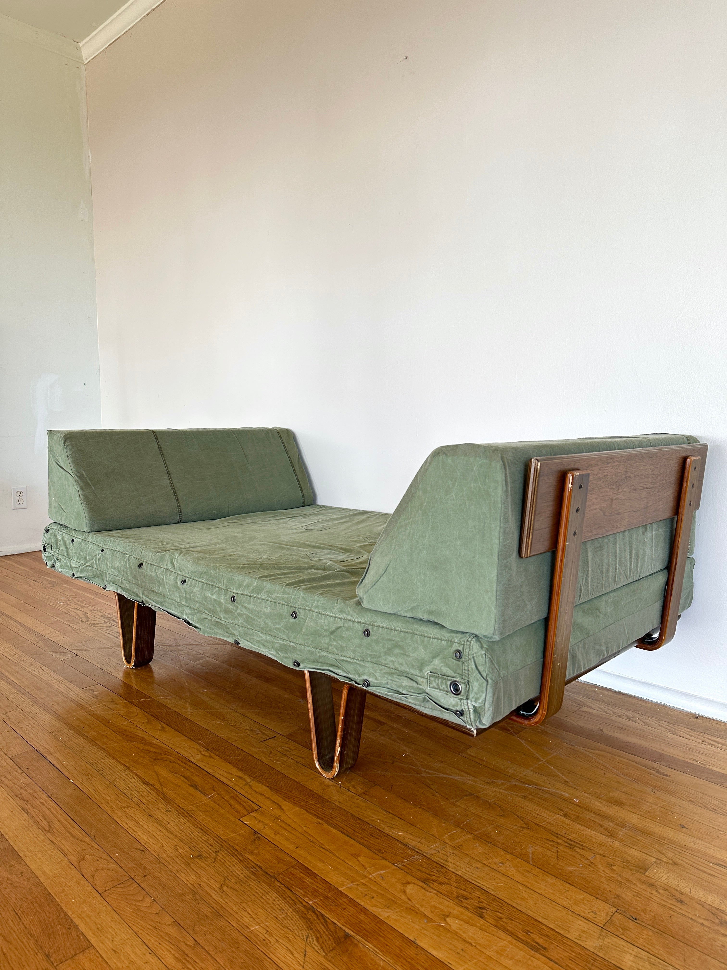 90s Modernica Case Study Bentwood Daybed with Vintage Military Canvas Tent Fabric