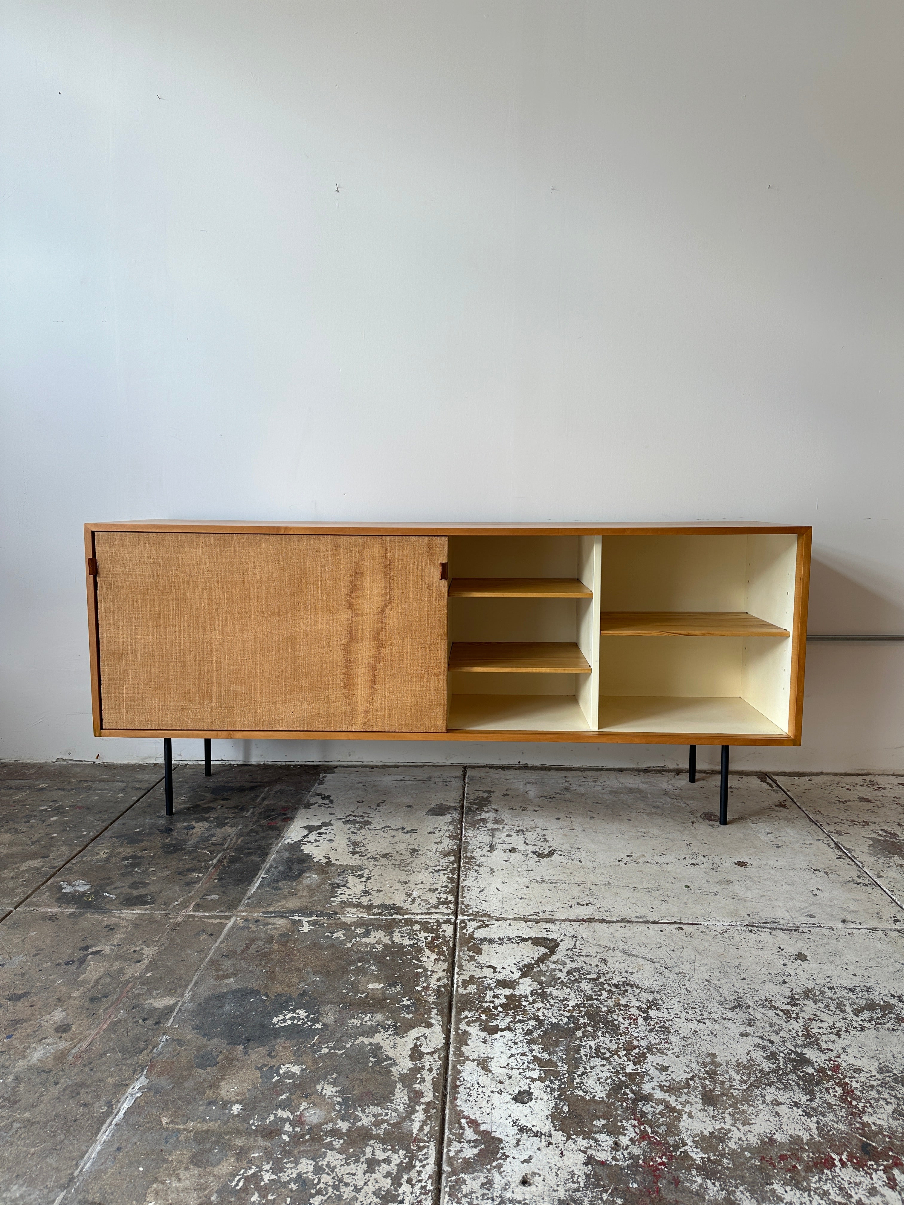 1950s Early Florence Knoll Sideboard Model No 116 with Grasscloth & Leather