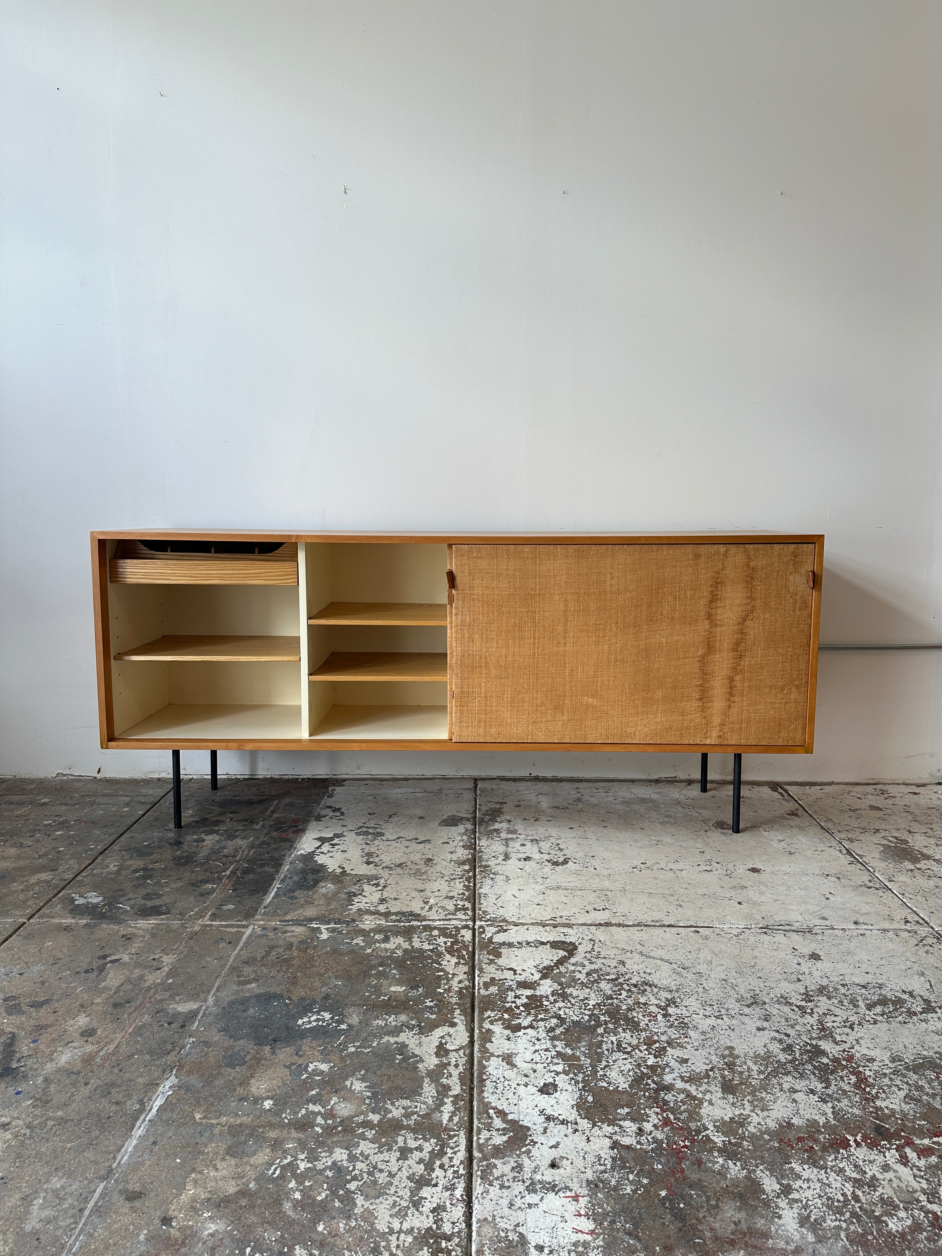 1950s Early Florence Knoll Sideboard Model No 116 with Grasscloth & Leather