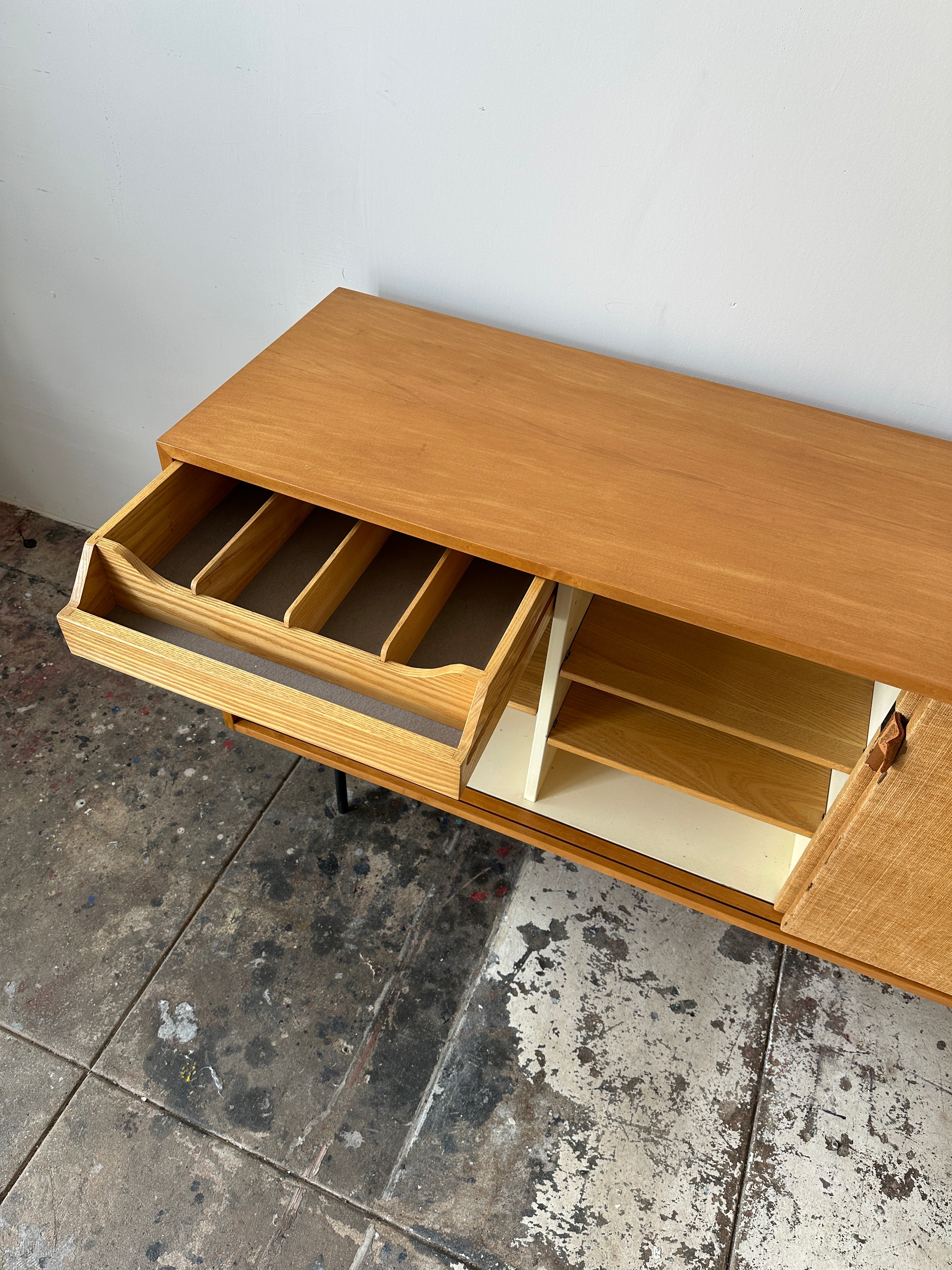 1950s Early Florence Knoll Sideboard Model No 116 with Grasscloth & Leather