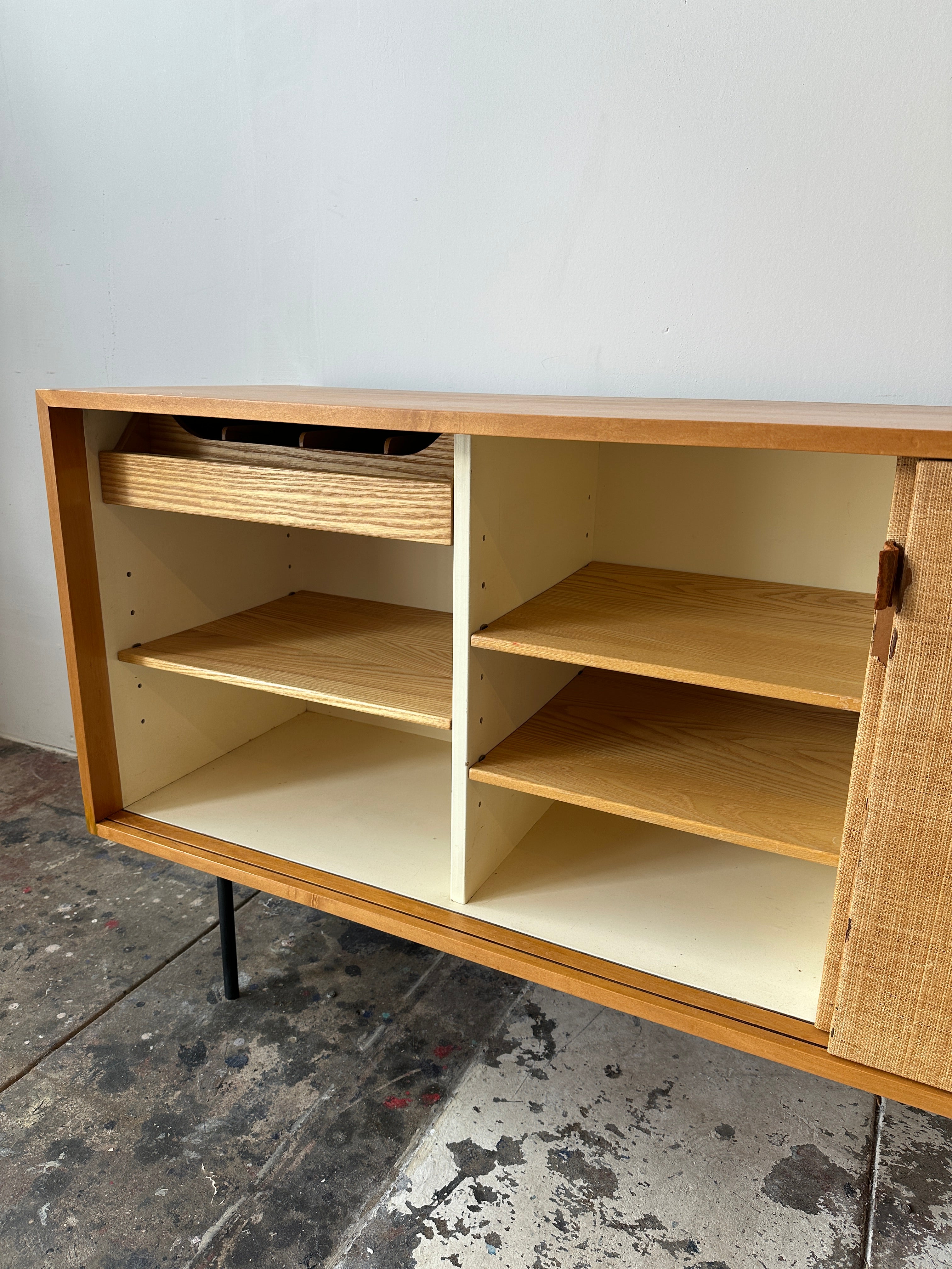 1950s Early Florence Knoll Sideboard Model No 116 with Grasscloth & Leather